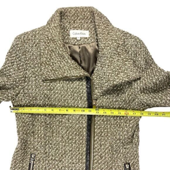 Calvin Klein Tweed Wool Pea Coat Brown Faux Leather Trim Classic Dressy Business - Picture 7 of 15